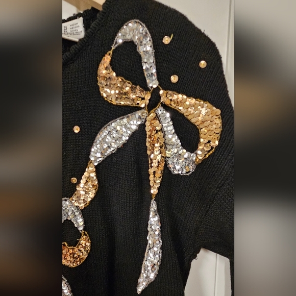 Gold Silver Sequin Bow Embroidery knit ramie cotton black sweater size M - Picture 5 of 14